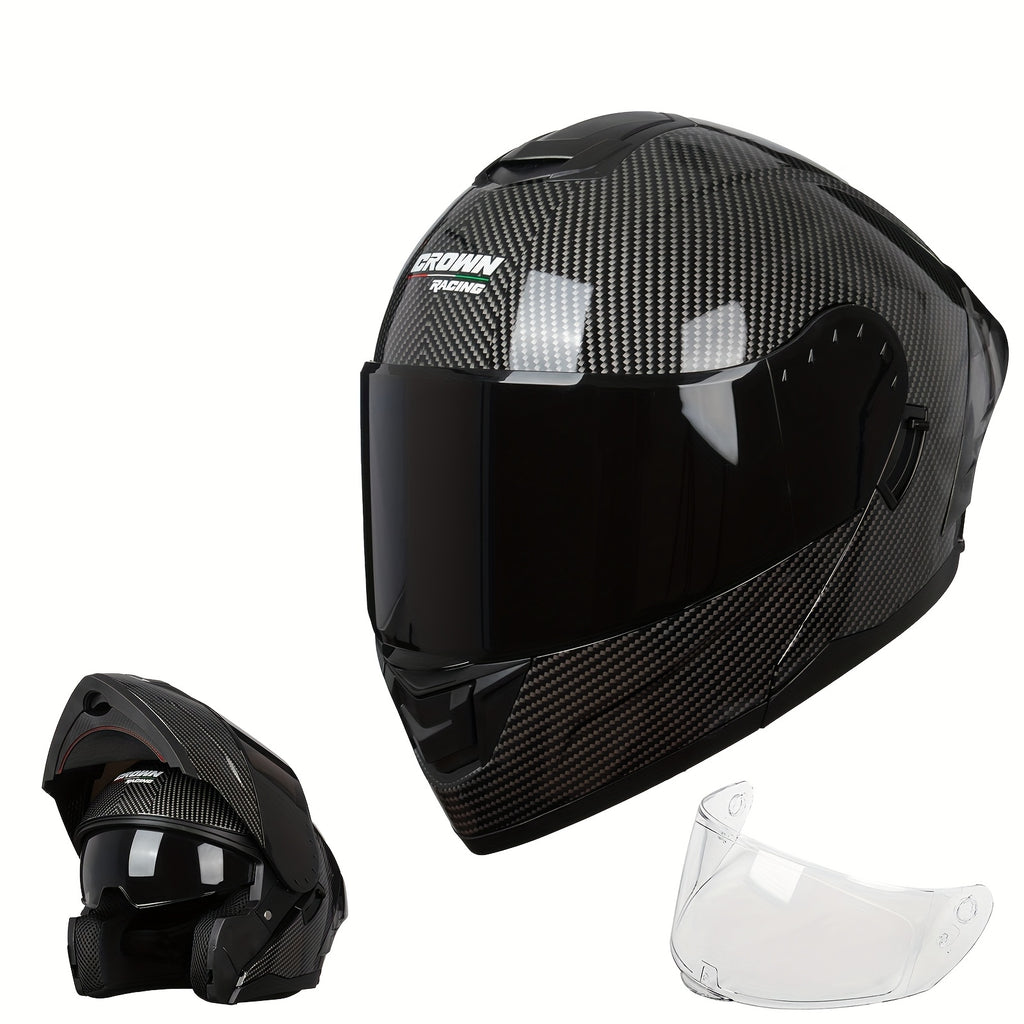Modular Full-Face Motorcycle Helmet with a Flip-Up Feature And a Carbon Fiber Design