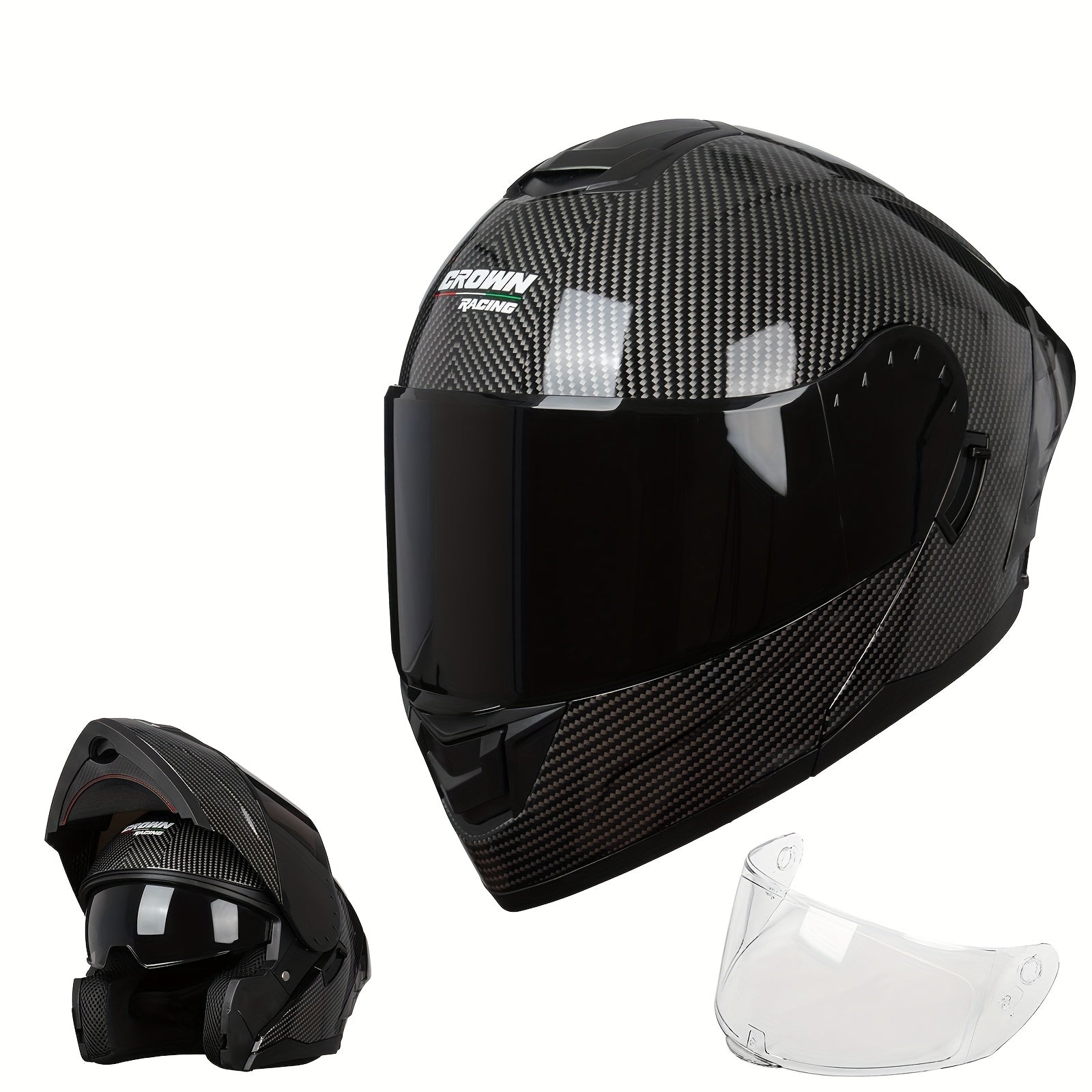 Modular Full-Face Motorcycle Helmet with a Flip-Up Feature And a Carbon Fiber Design