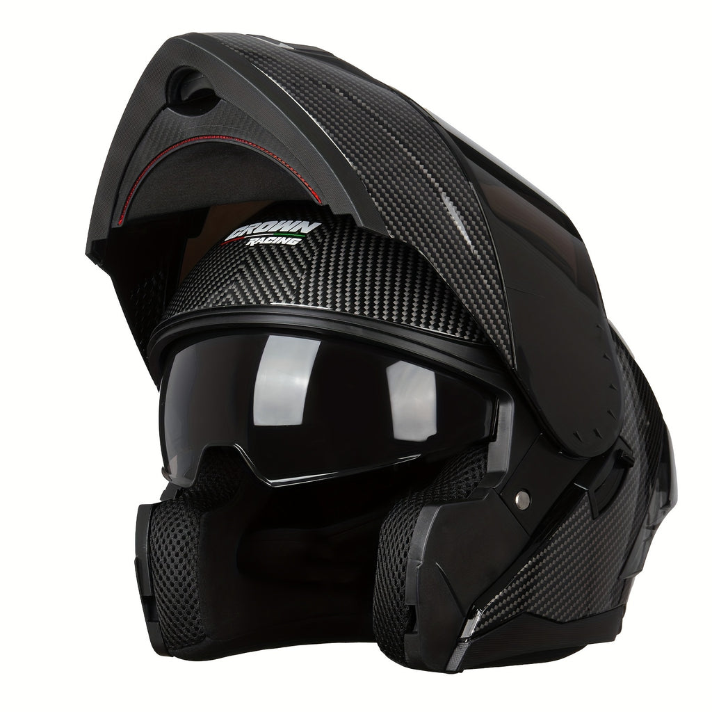 Modular Full-Face Motorcycle Helmet with a Flip-Up Feature And a Carbon Fiber Design
