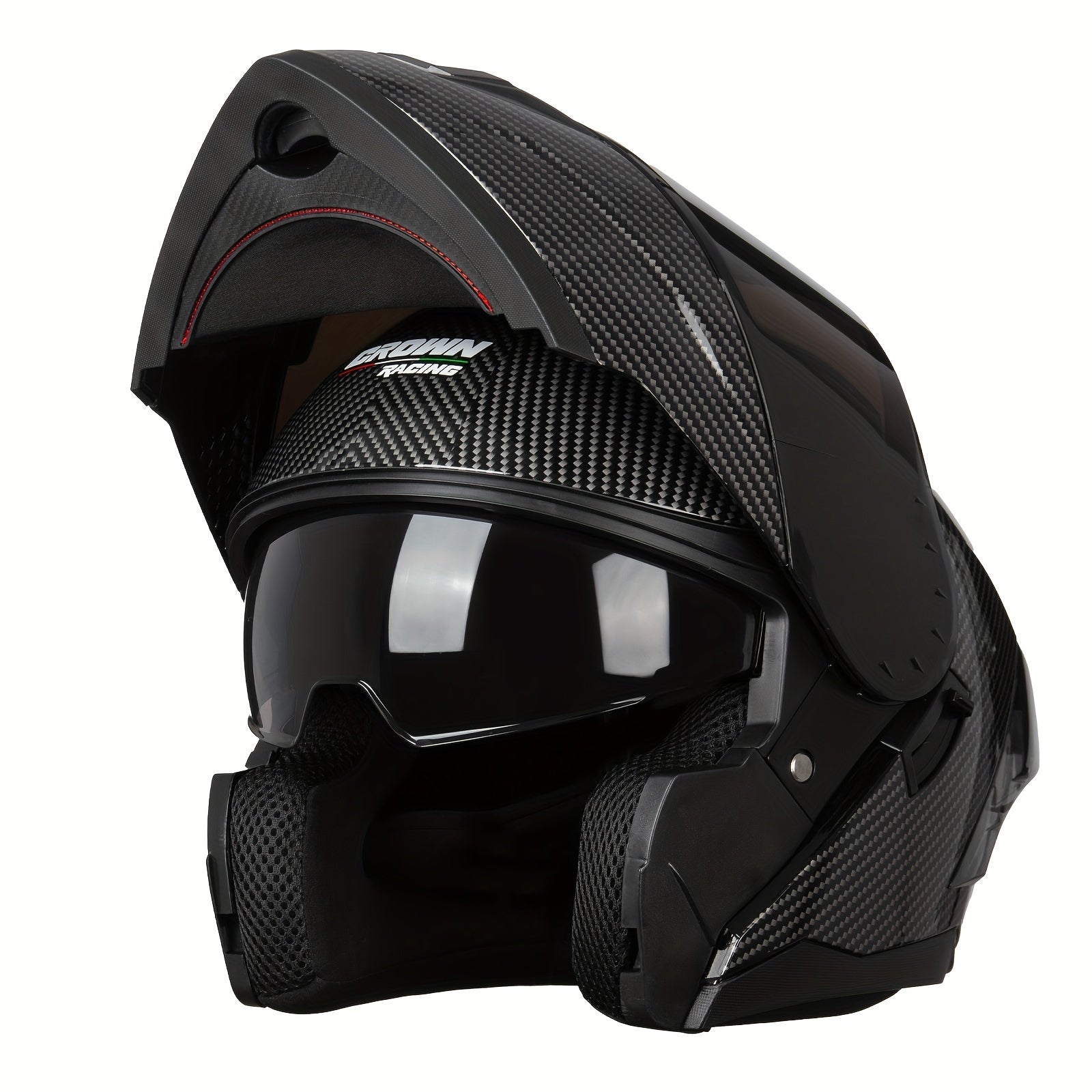 Modular Full-Face Motorcycle Helmet with a Flip-Up Feature And a Carbon Fiber Design